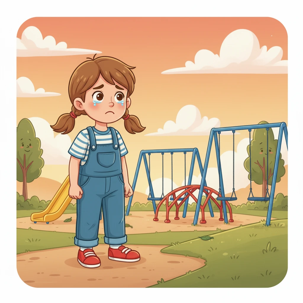 Lily's lower lip trembled as she stared at the empty swings and slides. The colorful structures seemed dull and lifeless without any children playing. Tears welled up in her eyes as her dream of a fun day disappeared.