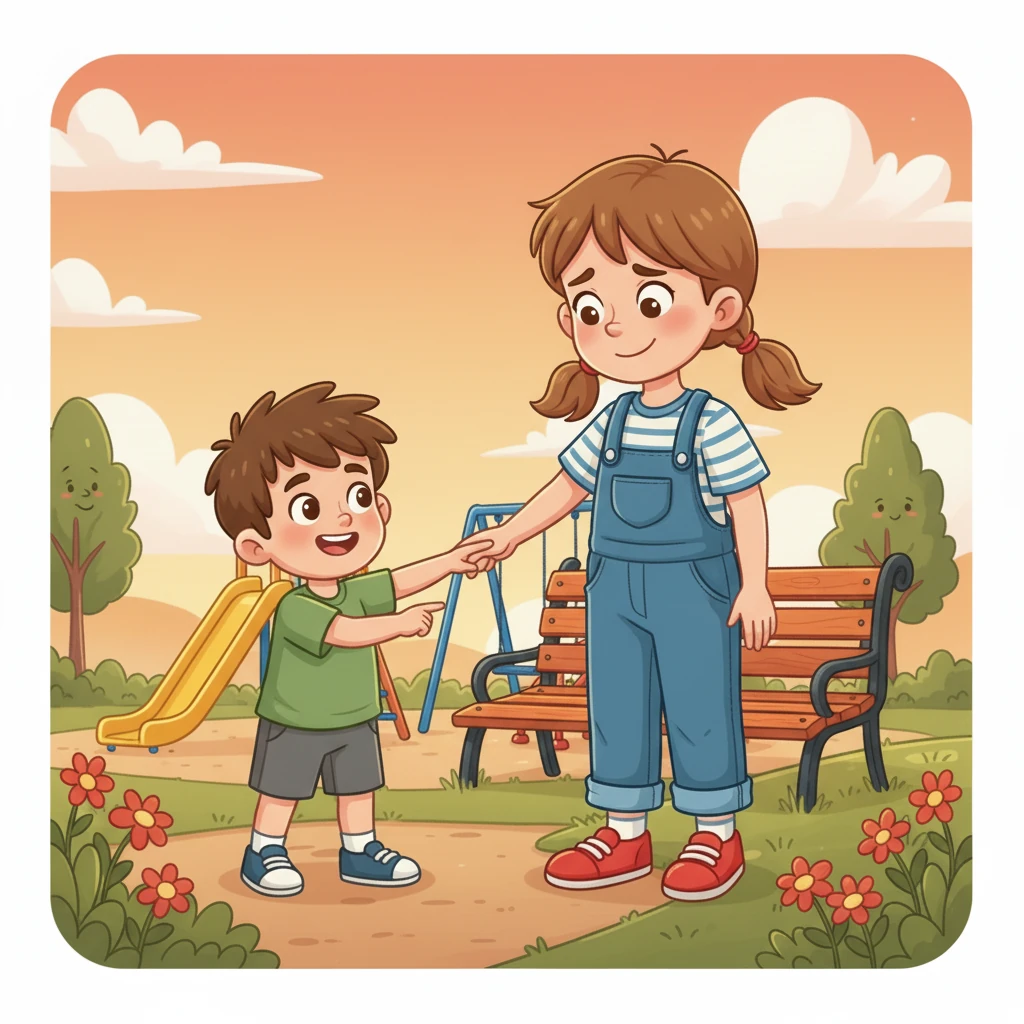 Suddenly, Lily's little brother, Tom, tugged on her sleeve, pointing at a park bench. 'Let's play there, Lily!' he suggested, his eyes sparkling with mischief. Lily hesitated, then a small smile appeared.