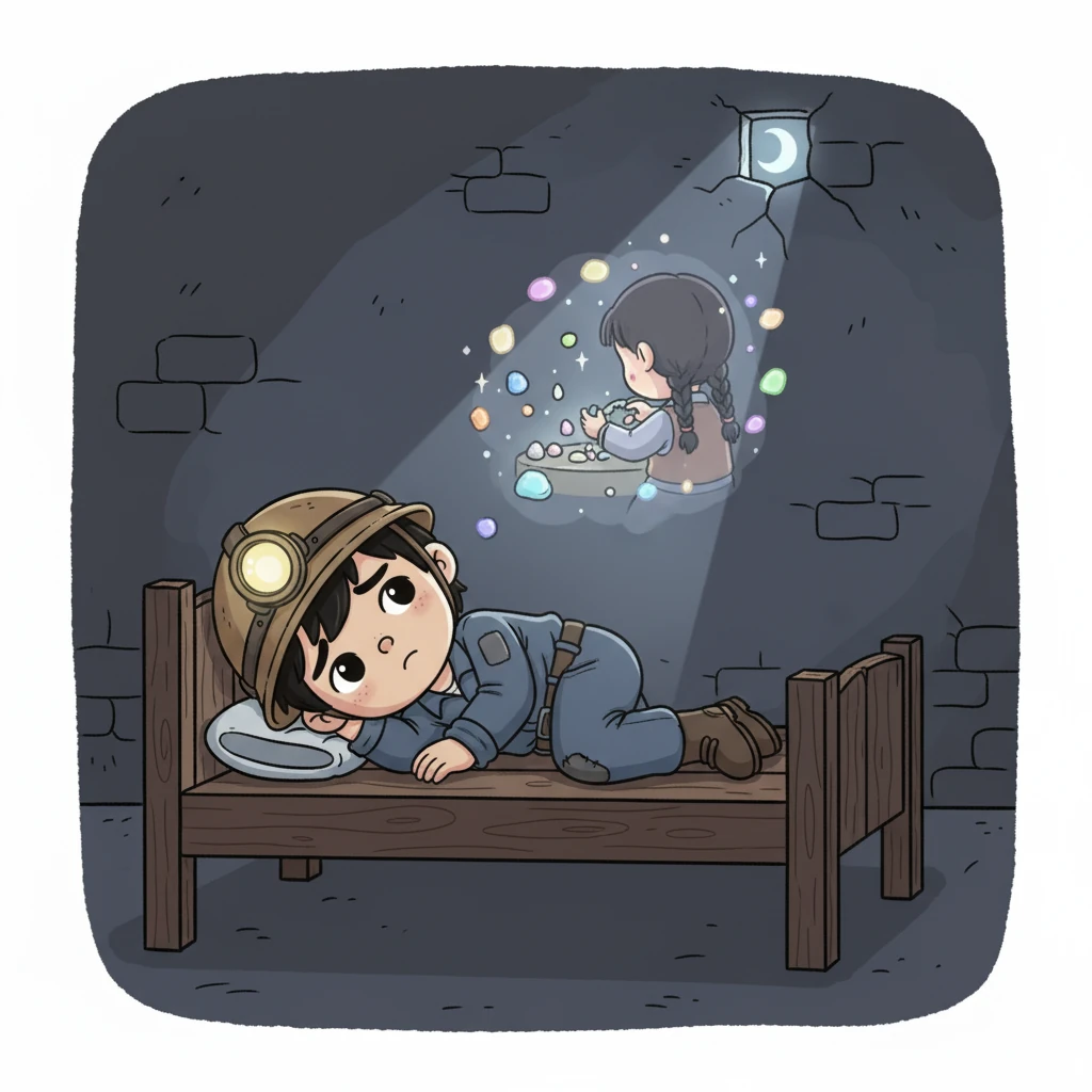 夜裡，阿魯躺在冰冷的木板床上，思念著小米。他回憶起小米撿拾漂亮礦石、做小手工時的快樂模樣。那些曾經清晰的回憶，卻在黑暗中漸漸變得模糊。