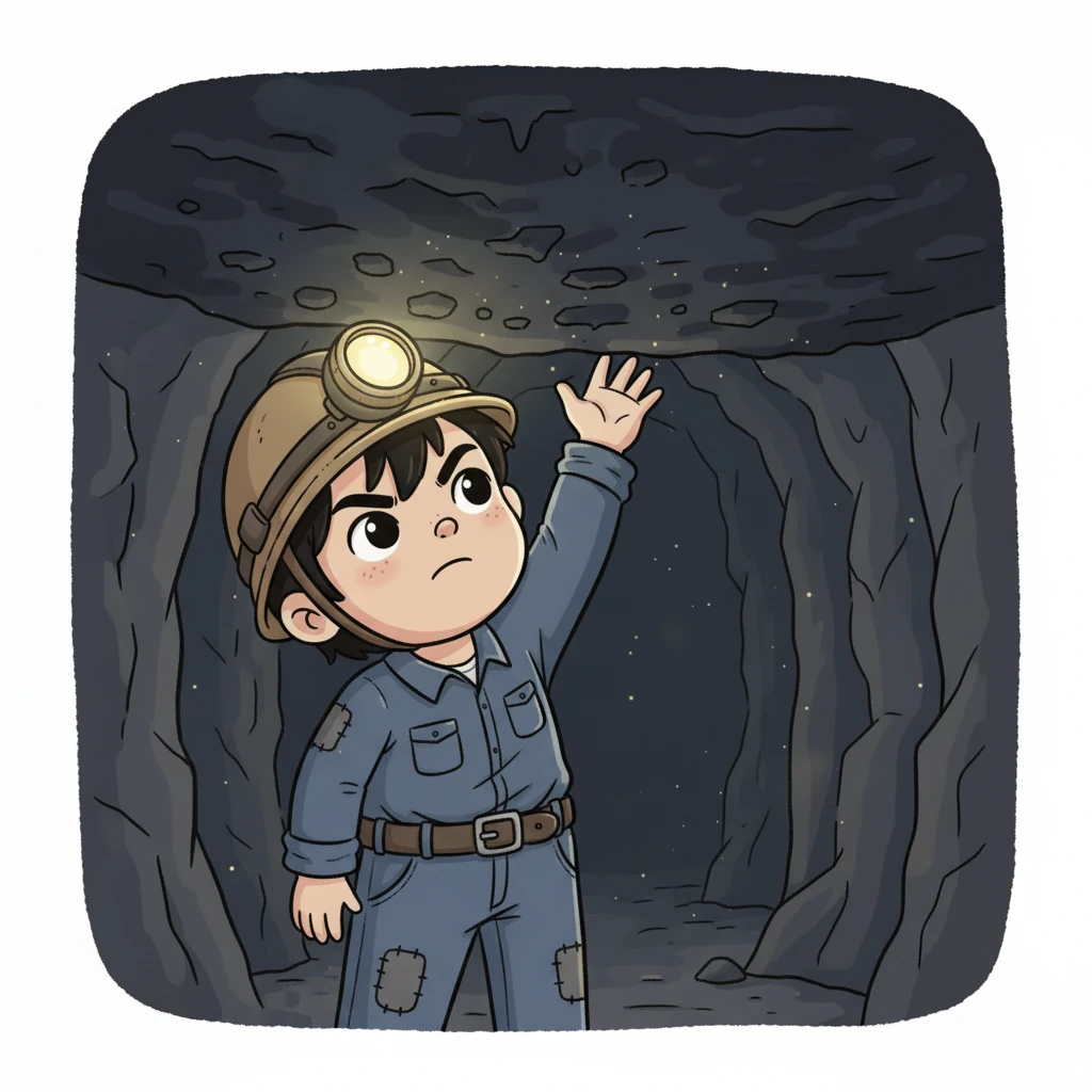 阿魯望著漆黑的礦頂，心中充滿了不解與憤怒。為什麼他們這麼小的孩子，就要在不見天日的黑暗裡受苦？這份沉重的疑問壓得他喘不過氣來。