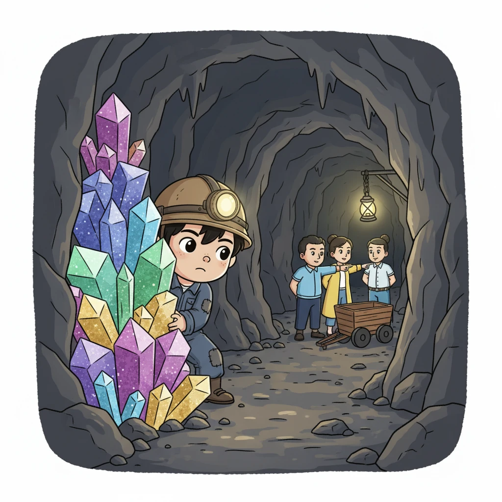 阿魯趕緊躲到一堆高高的礦石後面，偷偷地觀察著這些不速之客。他們的光鮮亮麗與礦坑裡的灰暗形成了鮮明對比，讓阿魯感到既好奇又警惕。