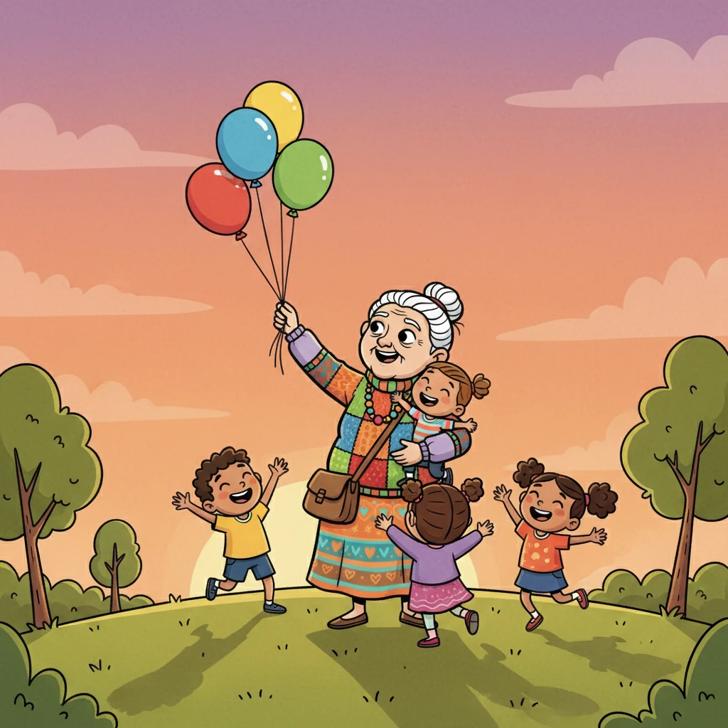 The first image shows Elara, a woman with kind eyes and a warm smile, surrounded by her grandchildren. They are gathered outside, the sun setting in the background. Colorful balloons float around them.