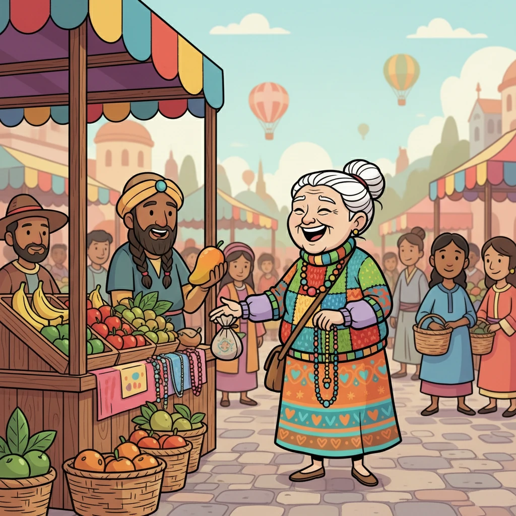 The third image shows Elara working in a vibrant marketplace, bartering with people from all over the world. She is laughing and enjoying the experience. The scene is full of color and life.