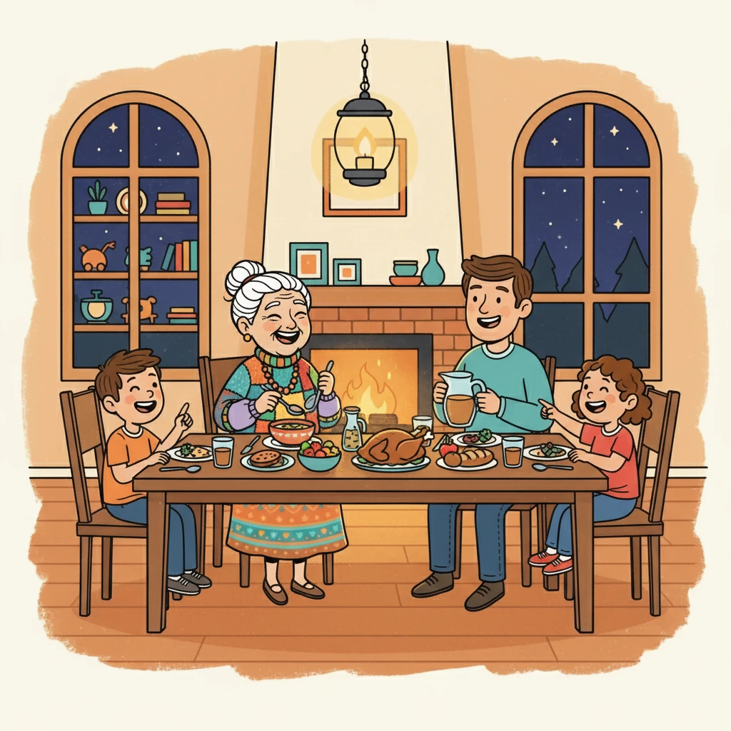 The fourth image shows Elara at a cozy home, surrounded by her family. They are all gathered around a table, sharing a meal and laughing. The room is filled with warmth and love.
