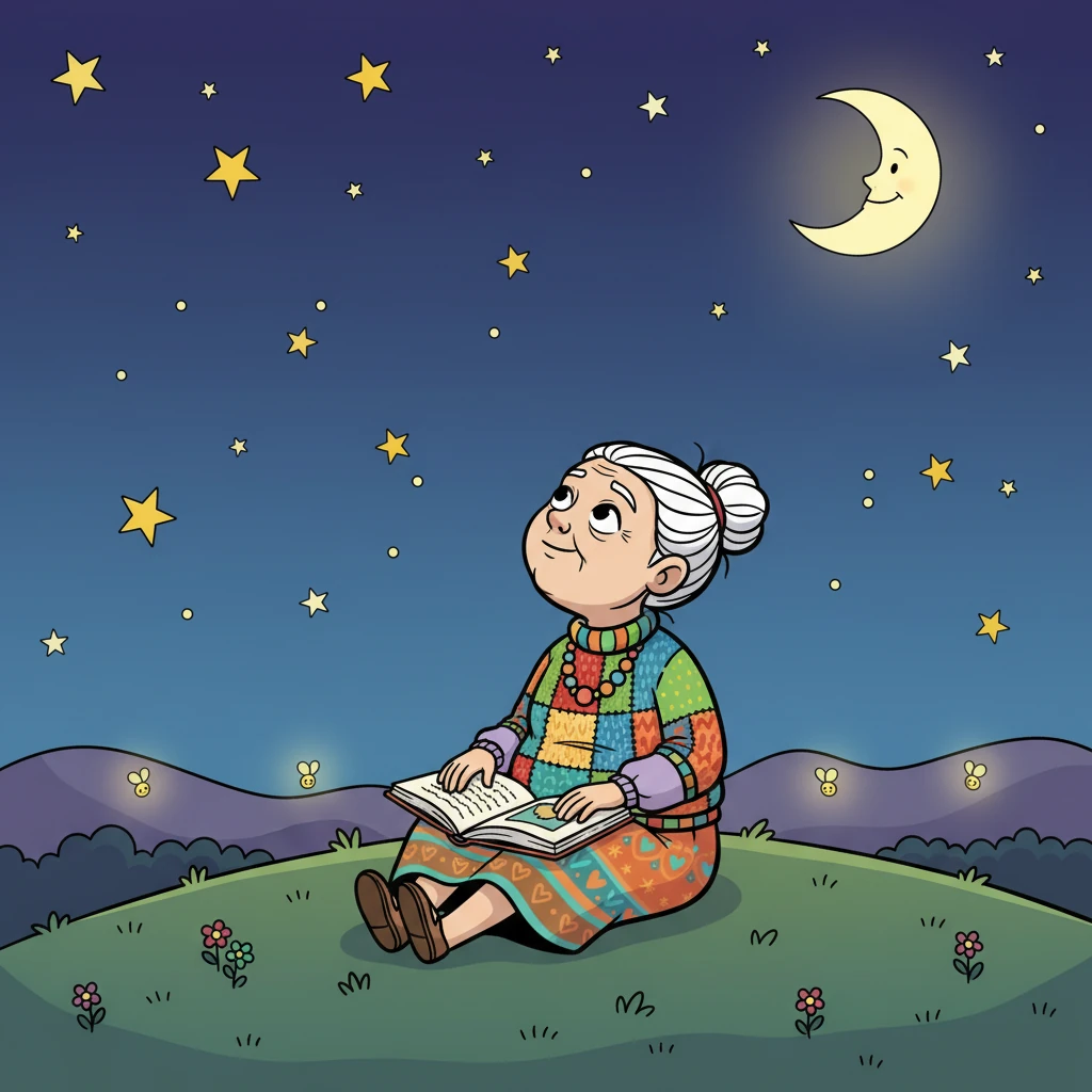 The fifth image shows a young Elara, looking up at the stars, dreaming of the future. She is sitting on a hilltop, with a book in her lap. The sky is full of stars and the moon shines brightly.