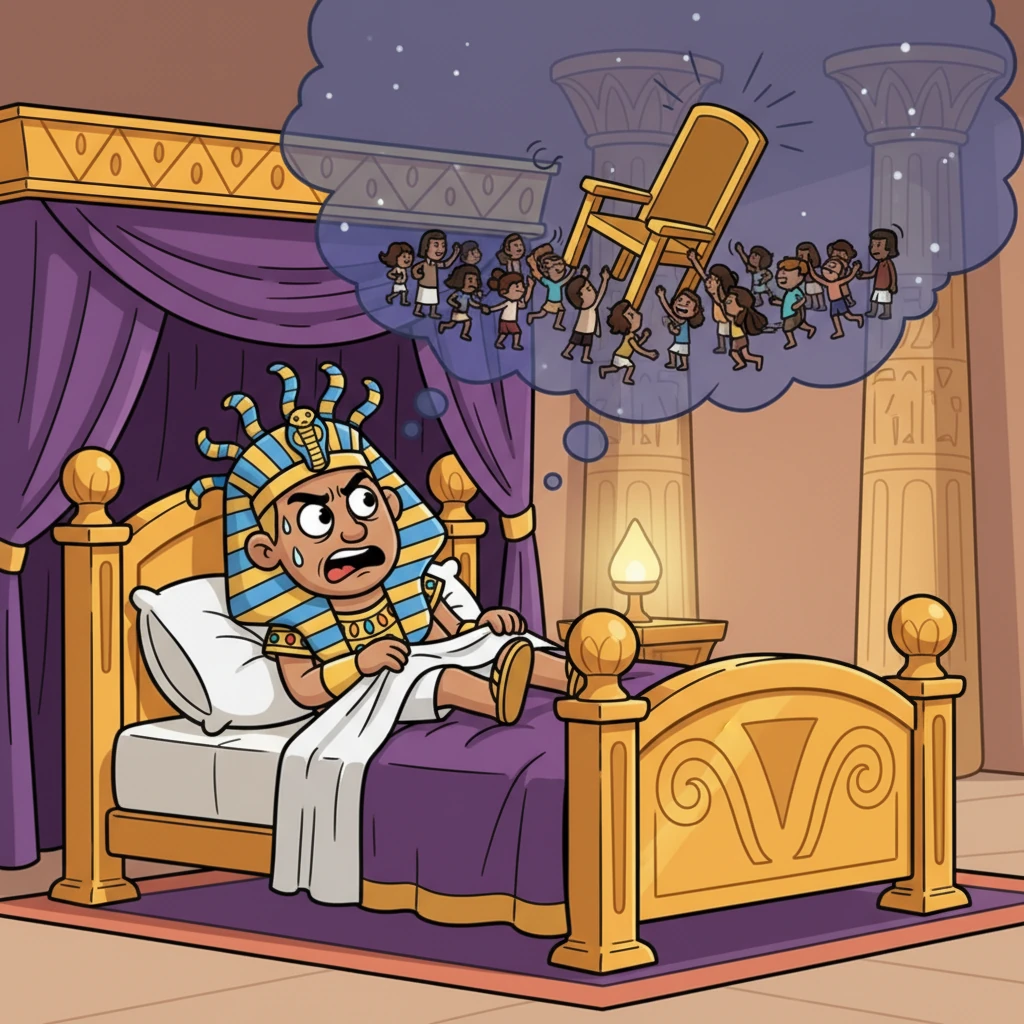 The mighty Pharaoh tossed and turned in his grand bed, a swirling nightmare making his crown wobble. He dreamed of a tiny, powerless people growing strong enough to shake his golden throne, his face twisted in a comically exaggerated scowl of fear.