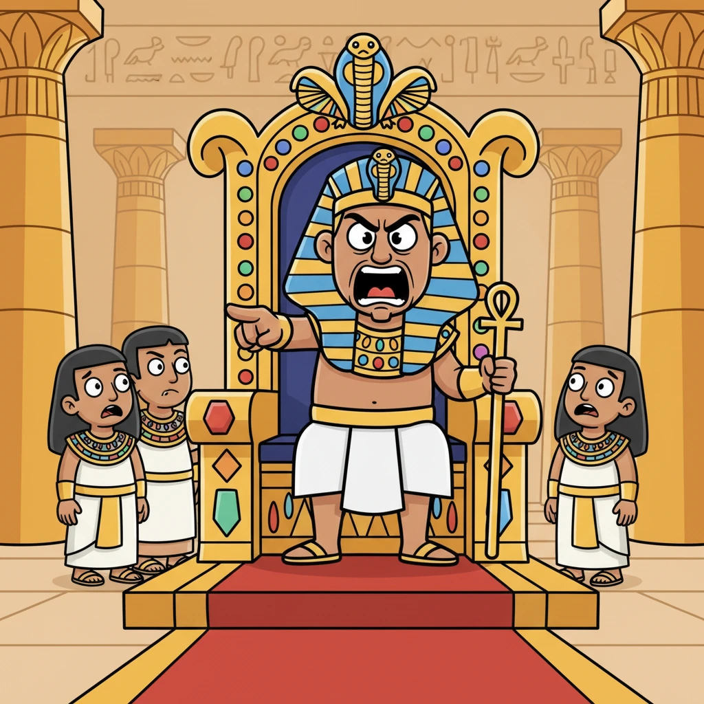 With a thunderous roar, Pharaoh sat on his opulent throne, surrounded by nervous advisors. He pointed a long, bony finger, decreeing that all new baby boys of the Israelite people must be taken away, his eyes glinting with cruel determination.