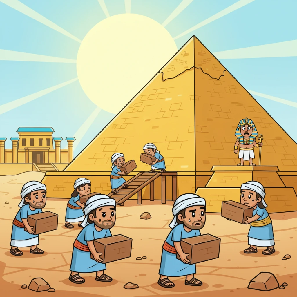 Under the scorching sun, the Israelite people toiled, their strong backs bent building massive pyramids for the Pharaoh. They carried heavy bricks with tired but determined expressions, their simple clothes a stark contrast to the gleaming palace in the distance.