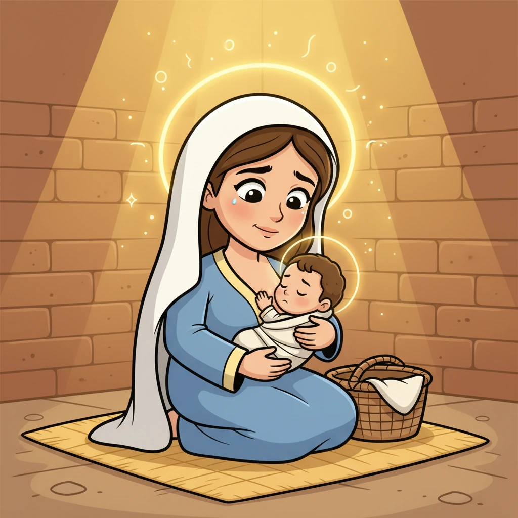 Suddenly, a gentle, warm glow filled the small room, and the mother felt a comforting whisper in her heart. A divine message assured her to nurse her baby, then trust him to the river, promising his safe return and a great future.