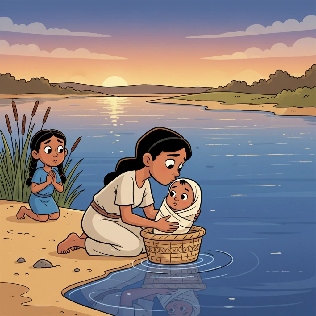 At the edge of the wide, calm Nile, the mother gently placed baby Musa in his little basket, giving him a last, loving kiss. The water rippled softly around him as the basket drifted away, watched by his watchful sister from the riverbank.