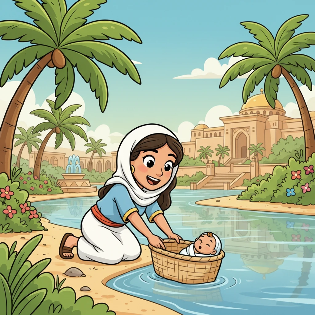 Downstream, near the grand palace gardens, a curious palace servant spotted the peculiar basket bobbing by the shore. With wide, surprised eyes, she peeked inside and gasped with delight at the sight of a beautiful, cooing baby.