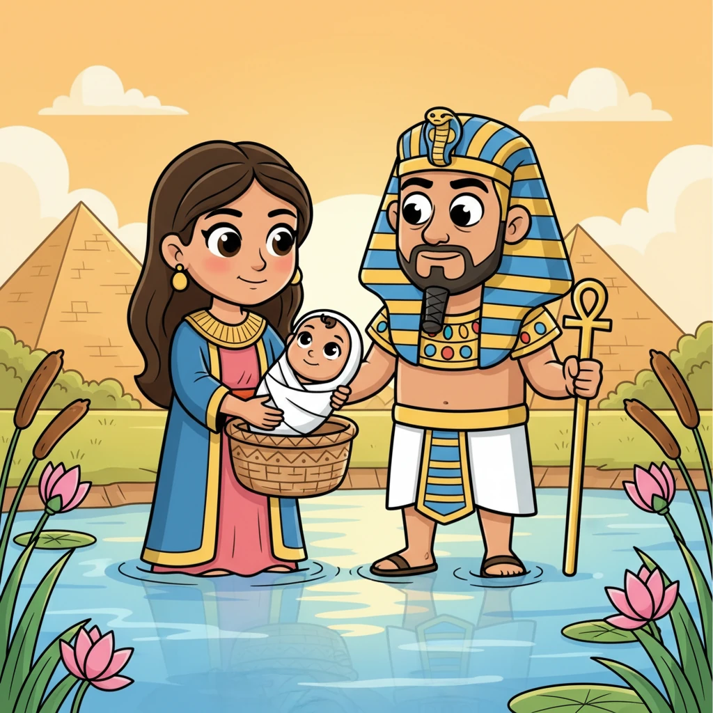 Queen Asiya, with a warm, tender smile, lifted baby Musa from the basket, her heart instantly overflowing with love for the sweet child. Even Pharaoh, though initially stern, looked on, softened by his wife's joy and the baby's innocent charm.