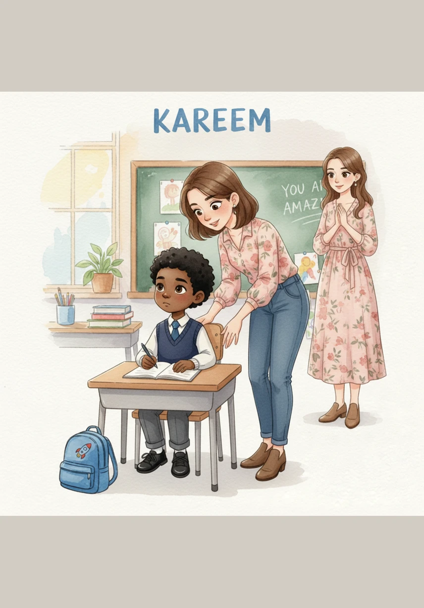 في أحد الأيام، طلبت المعلمة من التلاميذ كتابة قصة قصيرة عن يومهم المفضل. جلس كريم أمام دفتره الأبيض والقلم في يده، وشعر بالتردد في البداية، لكن ذكريات قصص والدته بدأت تتدفق في عقله فجأة كالشلال.