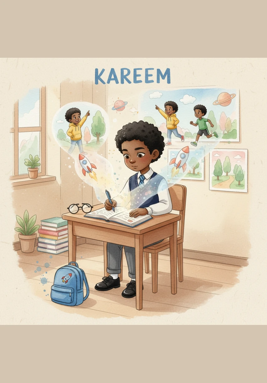 بدأ كريم يكتب عن رحلته إلى الحديقة العامة، لكنه أضاف لمسة خيالية ساحرة من ابتكاره. في قصته، بدأت الأشجار العالية تهمس له بالأسرار، وقامت العصافير الملونة بإرشاده عبر ممرات سرية للوصول إلى كنز مخفي تحت زهرة عملاقة.