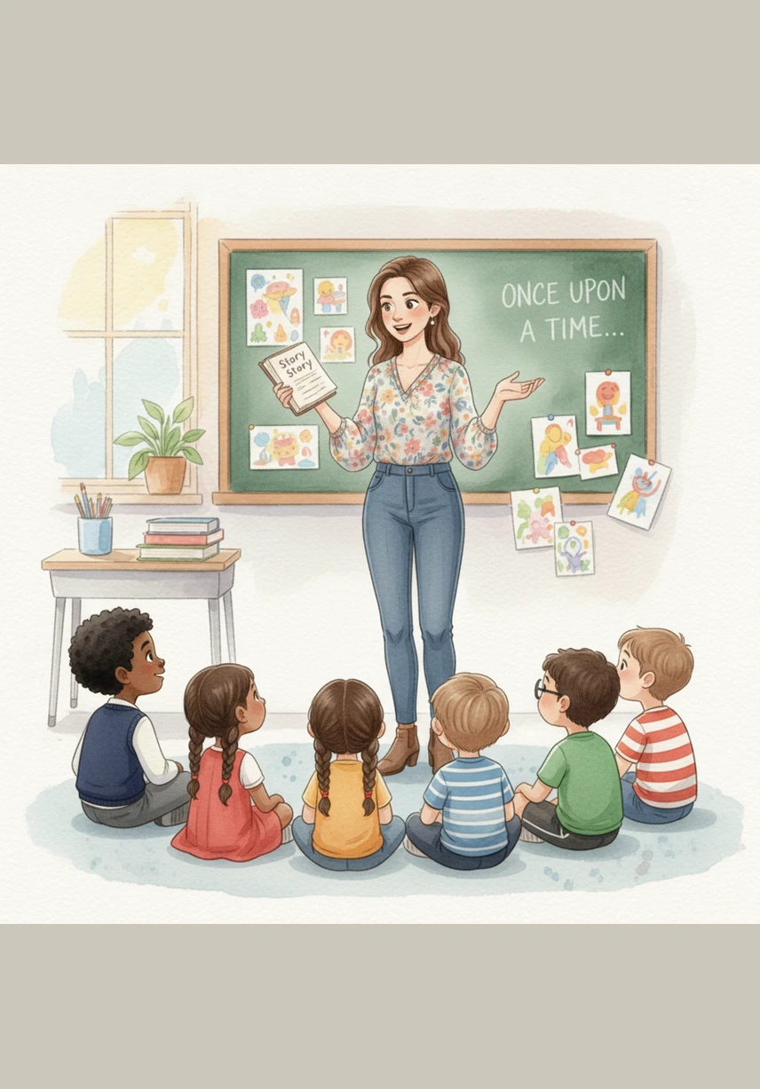 عندما قرأت المعلمة قصة كريم، ارتسمت على وجهها ابتسامة عريضة وقالت له أمام الجميع إن خياله جميل ومميز. في تلك اللحظة، شعر كريم بسعادة غامرة تسري في جسده، وأدرك أنه اكتشف كنزاً حقيقياً داخل نفسه.