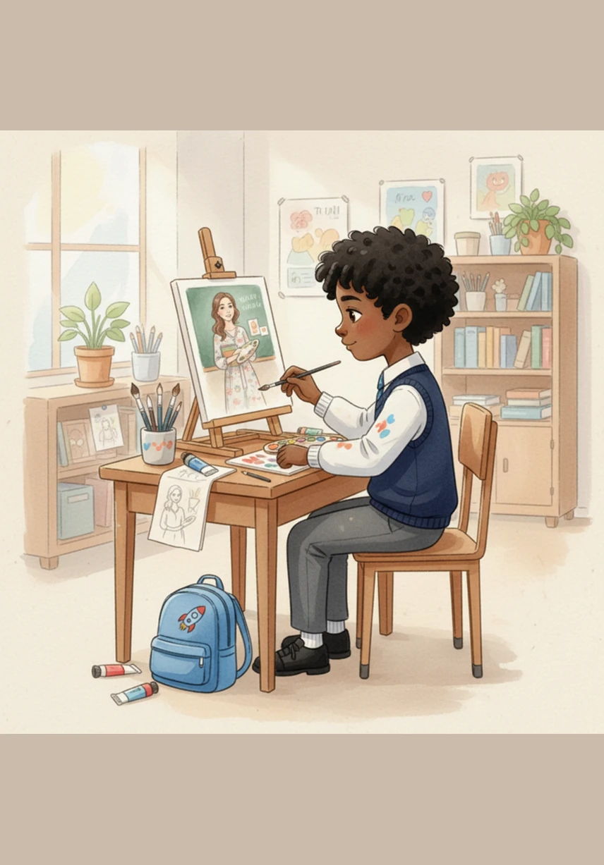 عندما كبر كريم قليلاً، قرر أن يجمع أفضل قصصه التي كتبها ويصنع منها كتاباً صغيراً. قام بطباعة الأوراق وتغليفها بعناية، وزين الغلاف برسمة جميلة تعبر عن حبه للحكايات، شاعراً بفخر كبير بما أنجزه بيديه.