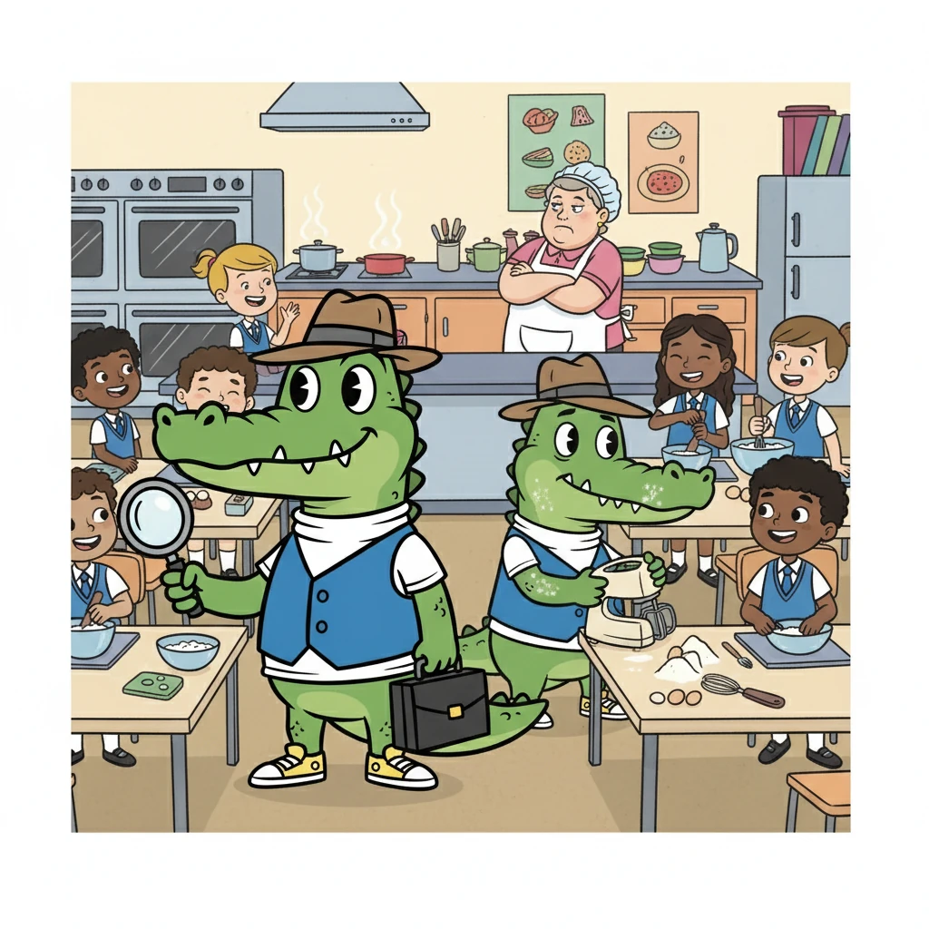 Inside the bustling school, Mango and Brash try to blend in with the other students. Mango struggles to fit in with the other students in home economics while Brash, ever observant, scans the room, his eyes darting from face to face. A suspicious-looking lunch lady gives them the side-eye.