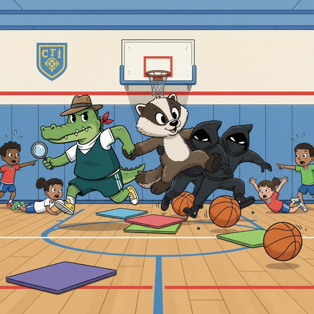 During a chaotic gym class, the school mascot, a fluffy badger, is nearly kidnapped! Mango and Brash spring into action, their training kicking in. They chase the would-be kidnappers through the gymnasium, dodging basketballs and gym mats, revealing their true identities to everyone.