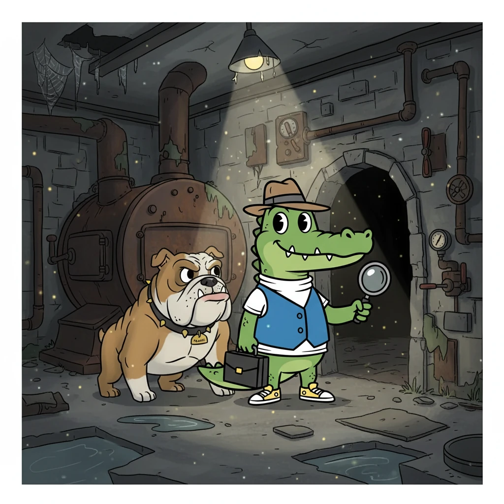 Following the clues, Mango and Brash find themselves in the school's old, abandoned boiler room. The air is thick with dust and mystery. They find a secret, hidden passage and realize that Mango's family might be in danger!