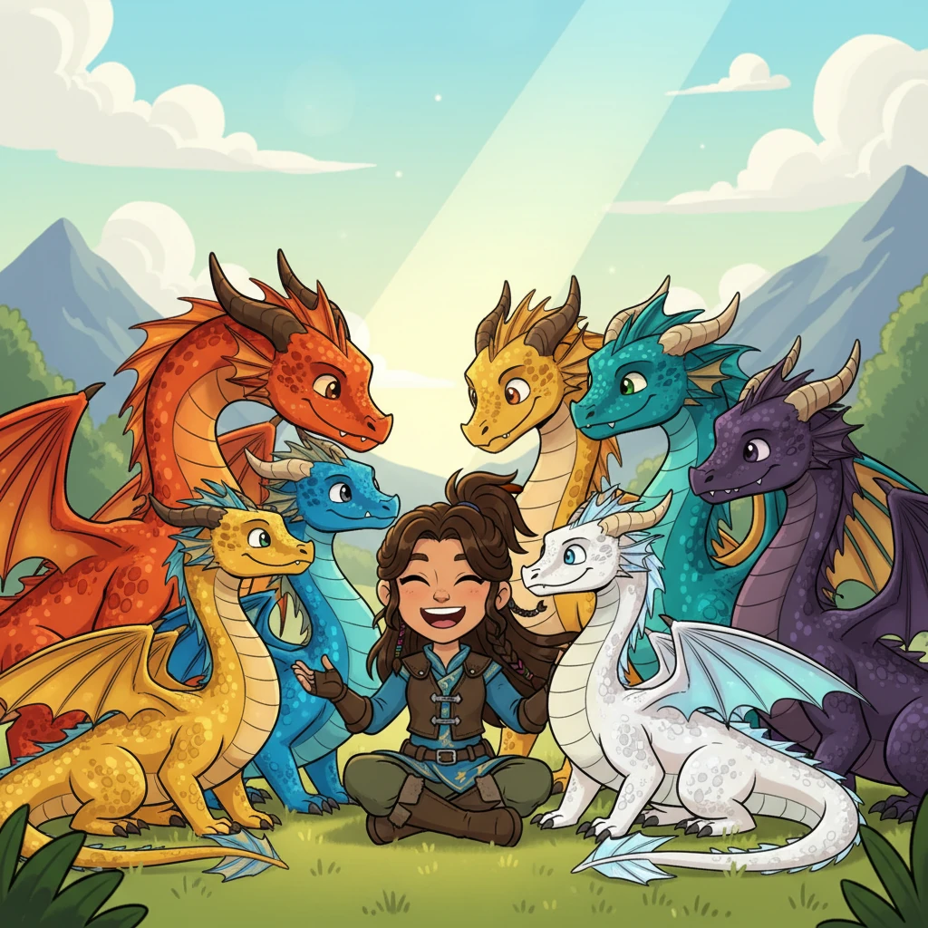 Raiden, now twenty, sat amidst her magnificent dragon family, a wide smile on her face. Nova, Nuclear, Flame, and Snow, all fully grown and majestic, nuzzled her gently, their mates Sandstorm, Shock, Ocean, and Phantom nearby. "It feels like yesterday," Raiden thought aloud, "that I first met each of you, my precious girls."