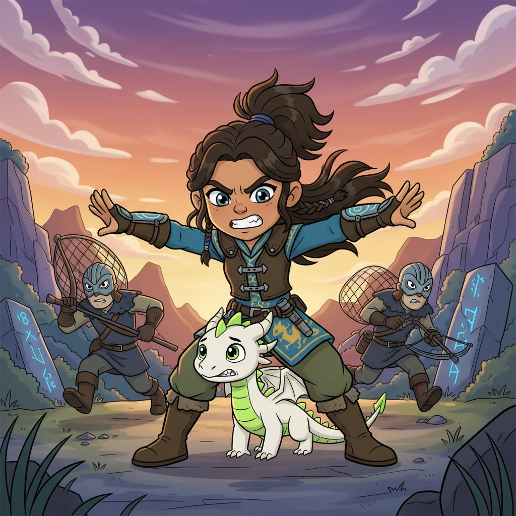 Next, Raiden remembered Nuclear. "You were just a hatchling, Nuclear, when I found you," she telepathically shared. A slightly older Raiden, with fierce determination, bravely shielded a tiny white dragon with neon green streaks from reckless dragon hunters, rescuing the gentle creature.