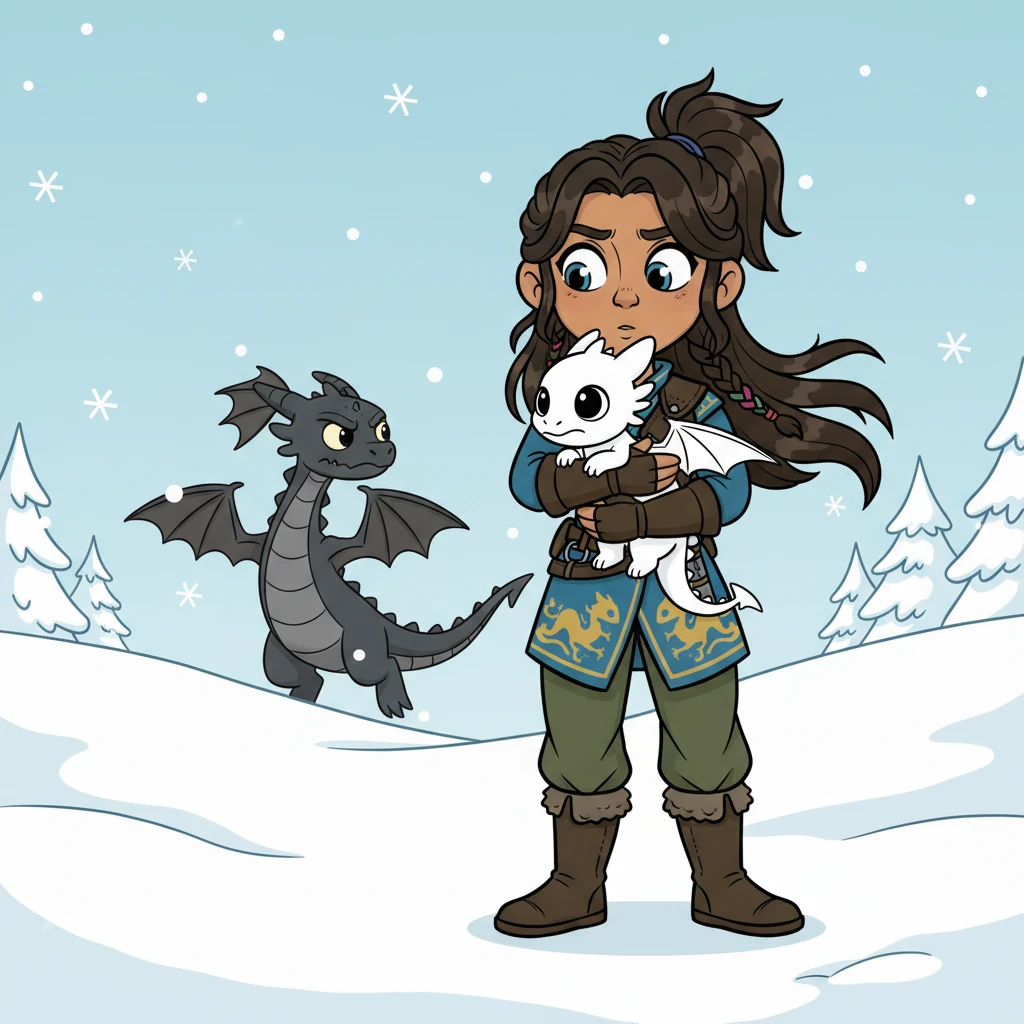 Finally, Snow. "You were so scared, being chased by that grumpy old dragon," Raiden murmured. A protective Raiden rushed in to scare off an aggressor, comforting the pure white hatchling with mesmerizing black eyes, who quickly nestled into her arms.