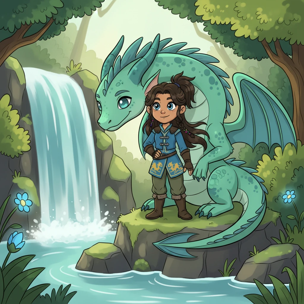 Flame, the gentle soul with a fiery spirit, found her calm in Ocean, a serene sea green-blue dragon with soothing blue eyes. Raiden remembered them by a tranquil waterfall, their contrasting colors and temperaments creating a beautiful, peaceful harmony.