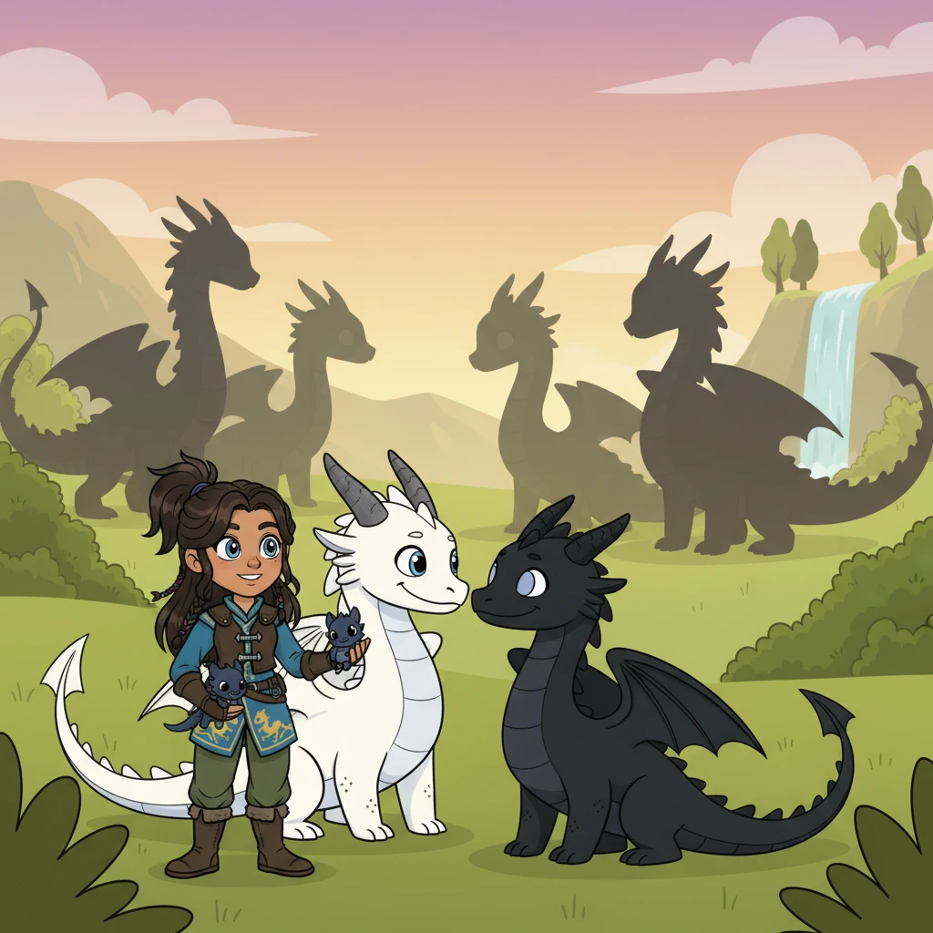 And Snow, the friendly white dragon, discovered her silent and watchful companion, Phantom, the sleek black dragon with contrasting white eyes. Raiden smiled, remembering how Phantom had quietly observed Snow for weeks before finally approaching, their connection forming a deep, unspoken understanding. Together, Raiden and her eight majestic dragons formed a truly magical family.