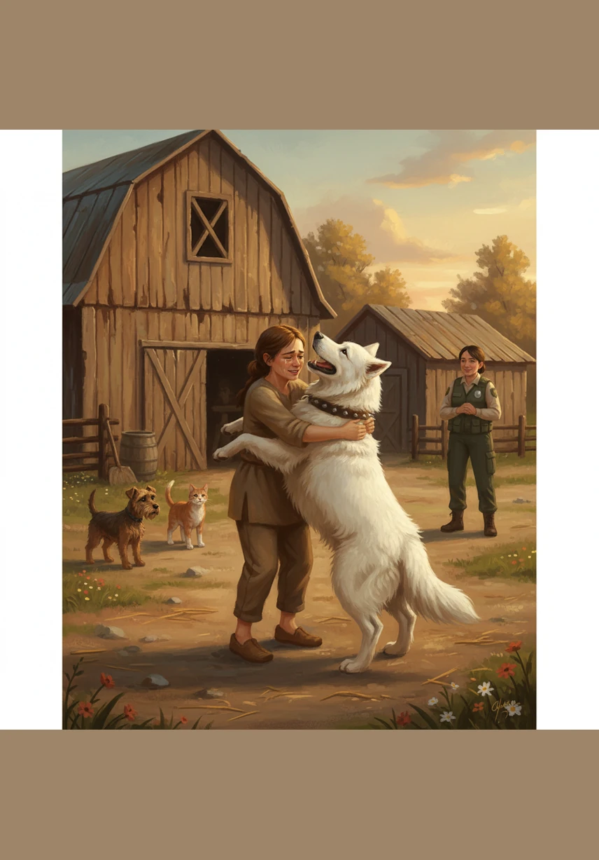 When the original owner finally stepped into the yard, Snowball let out a joyful cry and ran into the arms he had missed for so long. However, as he felt the familiar embrace, he looked back at the terrier and the cat standing by the barn. His heart was torn between the life he had lost and the friends who had helped him survive the storm.