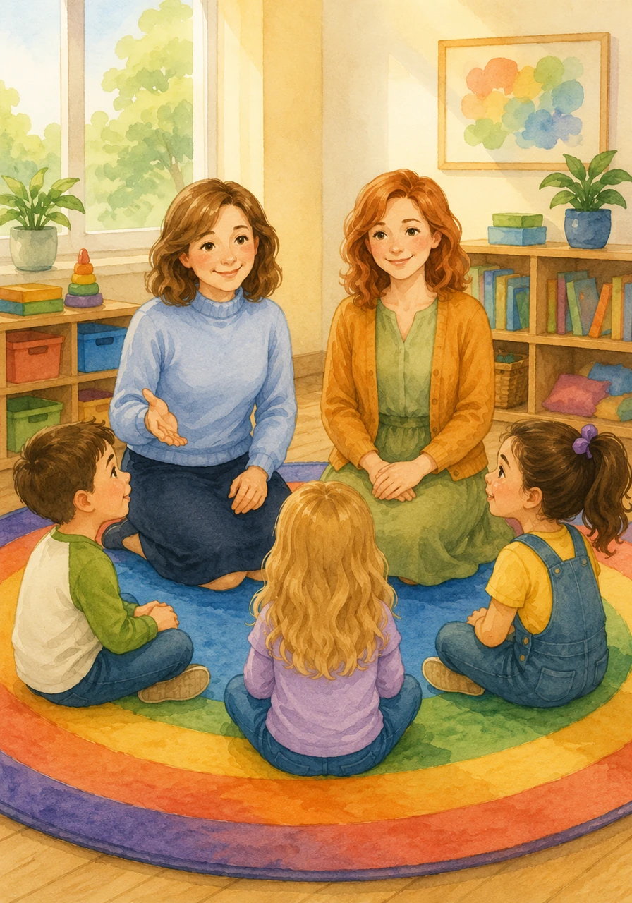 In a bright and sunny classroom, Ms. Boldt and Ms. Amber gather the children on a colorful rug for a special circle time. Bennett, Isabella, and Bryndle sit cross-legged with curious eyes, ready to listen to an important story about their amazing bodies.
