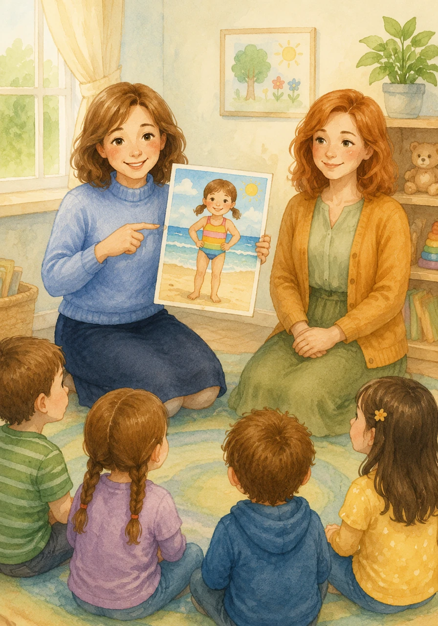 Ms. Amber holds up a colorful illustration of a child wearing a bright swimsuit at the beach. She explains that the parts of our bodies covered by a swimsuit are very special and are called our private parts.