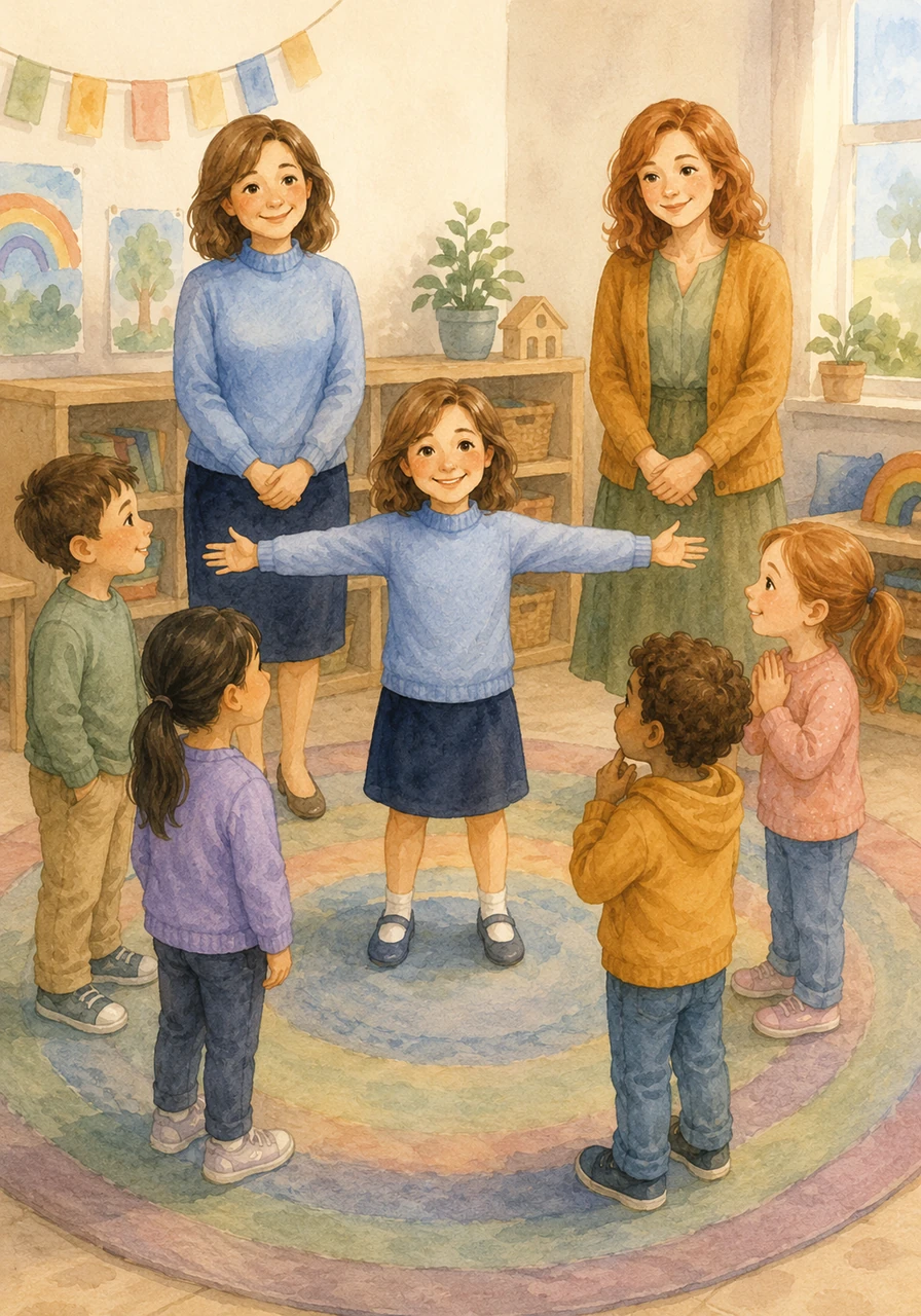 The children talk about their personal bubbles, which is the comfortable space right around their bodies. Isabella practices stretching her arms out wide to show how big her own personal bubble is, making sure everyone has enough room to feel safe.