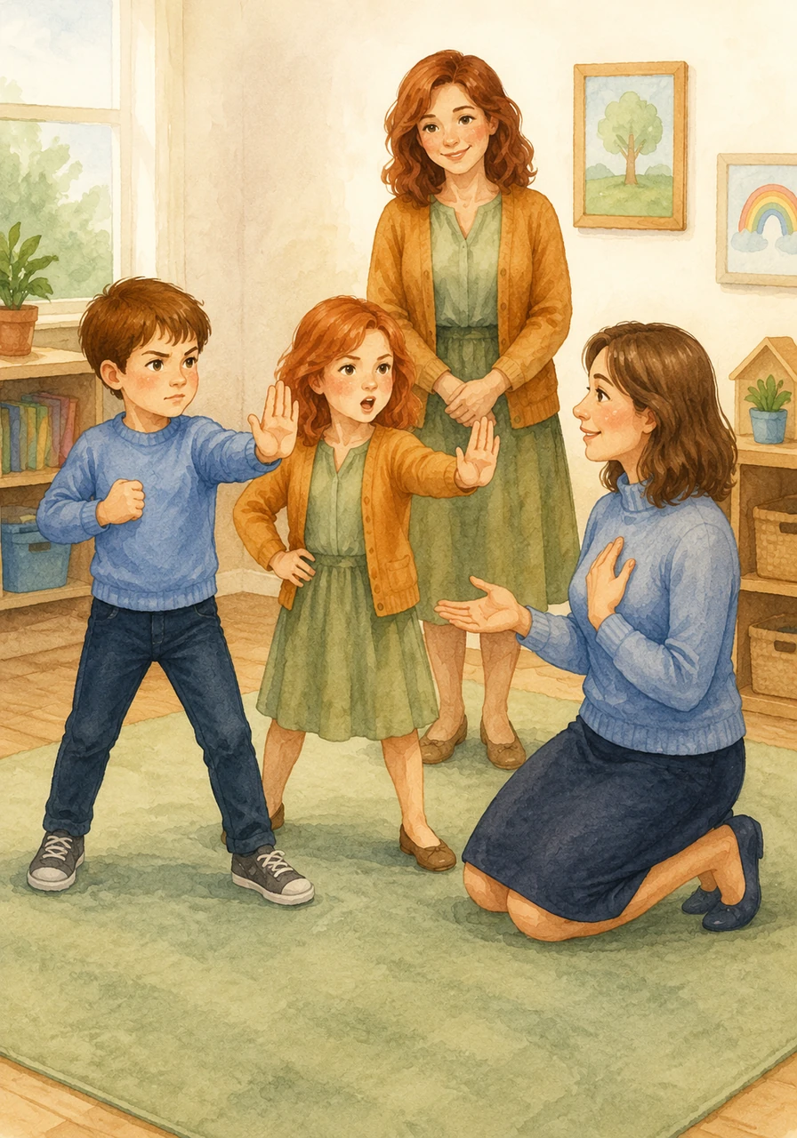 Bennett and Bryndle practice using their strong, brave voices to say No if someone tries to touch them in a way that feels uncomfortable. Ms. Boldt reminds them that their feelings are very important and they should always listen to what their bodies are telling them.