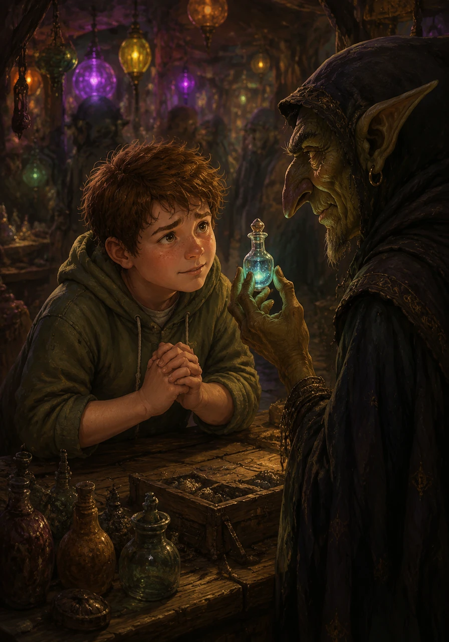 In the neon-lit Goblin Market, Leo had to use Maya's sweet and persuasive voice to barter with a suspicious, cloaked merchant for a rare glowing vial. It took everything in Leo's power to mimic his sister's gentle mannerisms, but his successful acting earned them the first crucial ingredient.