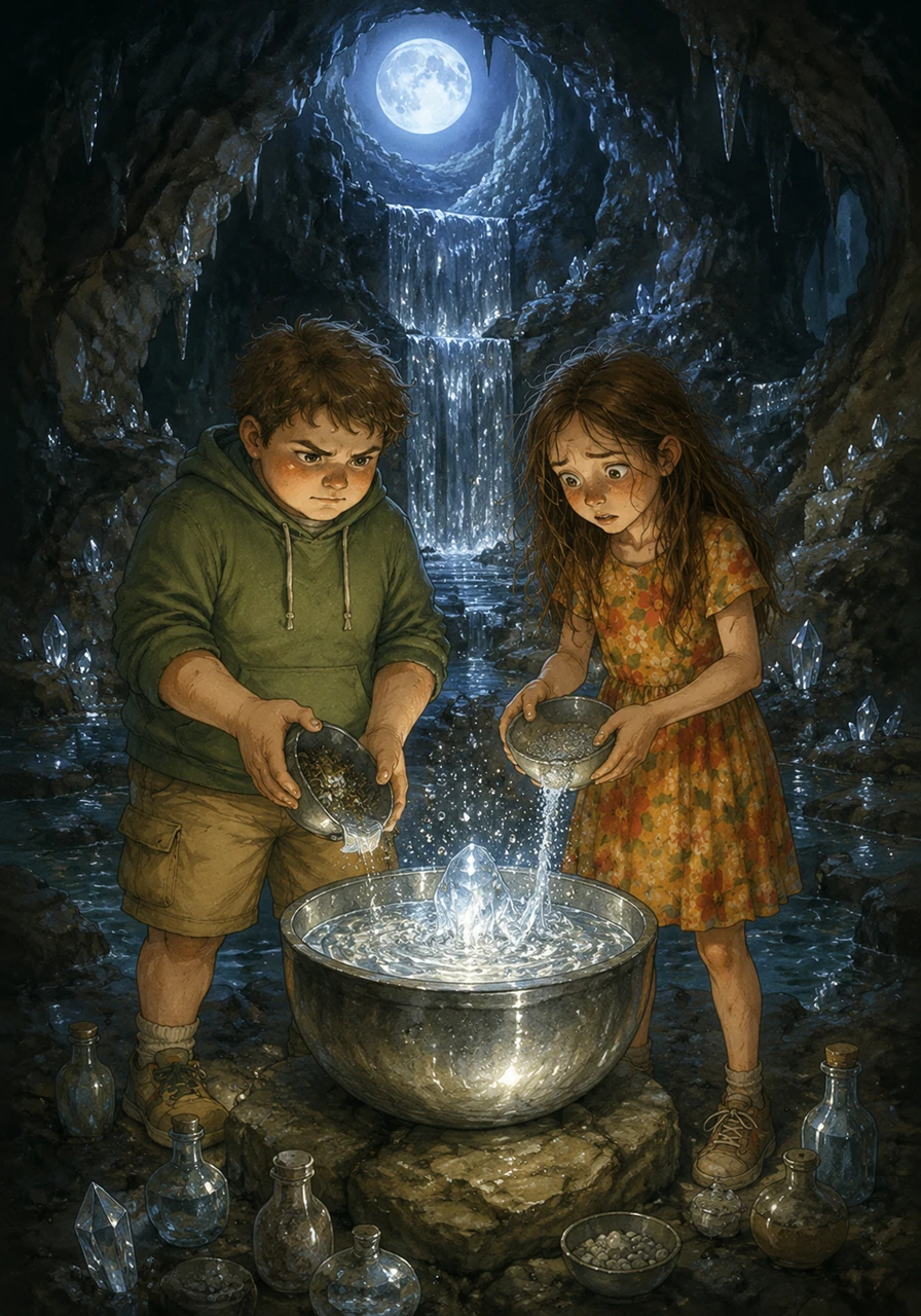 Under the light of a rare blue moon, they stood before a shimmering silver waterfall deep within a hidden cavern. Following the journal's precise instructions, they carefully mixed the gathered elements into a glowing, metallic silver liquid that began to bubble and hum with ancient power.