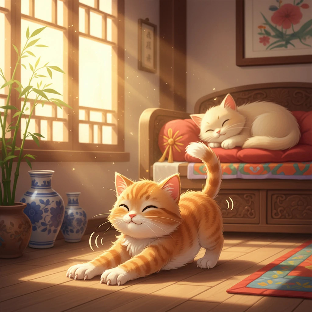 小猫条条醒来了,阳光洒在她柔软的毛发上。她伸了个懒腰,感觉肚子空空的,咕咕直叫。她想起了妈妈,希望能得到妈妈的爱抚和美味的食物。