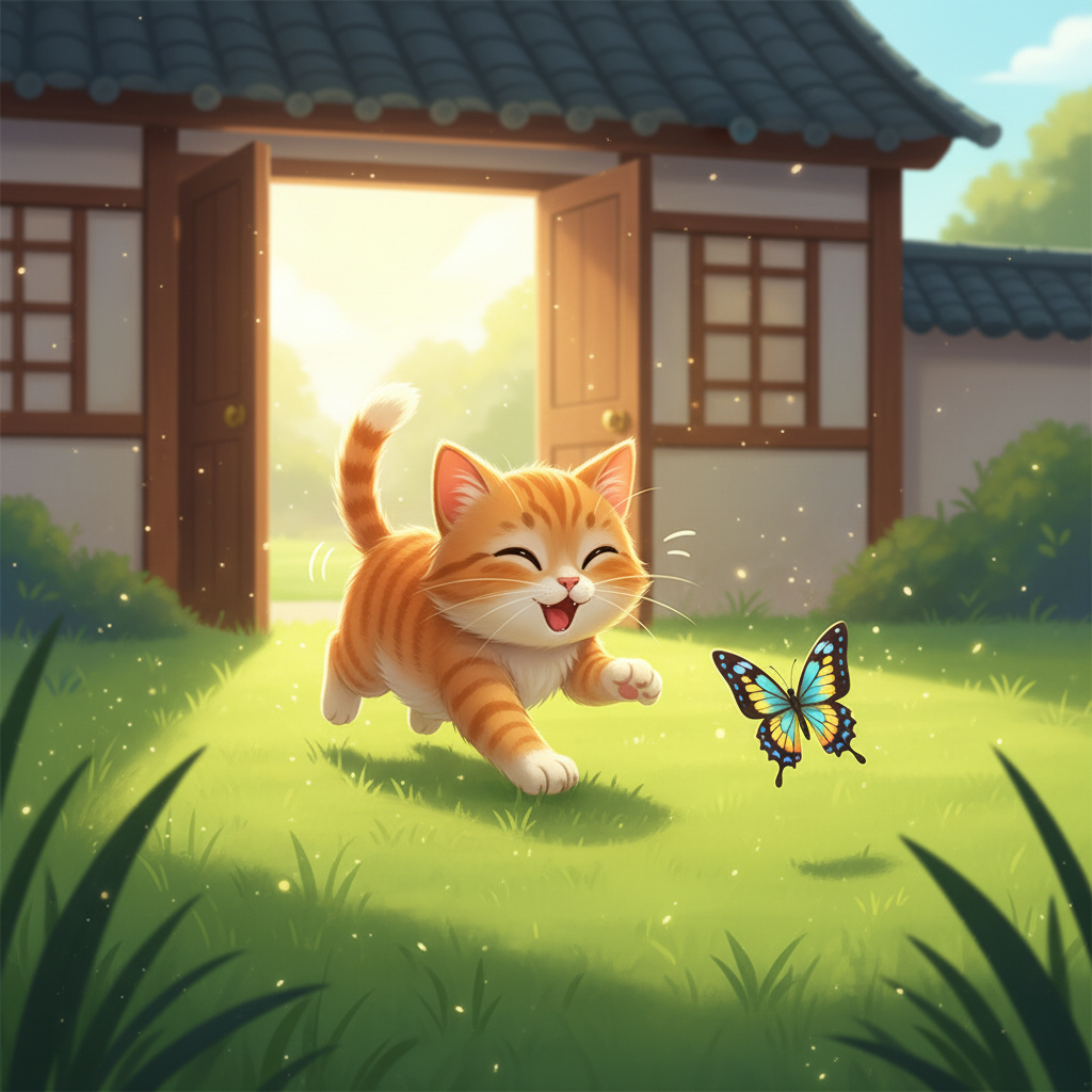 条条跑出家门,开始寻找妈妈。她穿过绿色的草地,遇到了一只蝴蝶在翩翩起舞。条条不停地喵喵叫,希望妈妈快点出现。