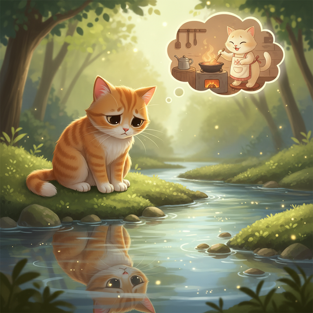 条条在一个小溪边停了下来,看到水里倒映着自己的样子。她有点沮丧,但她知道自己必须勇敢。她开始回忆妈妈做饭的场景。