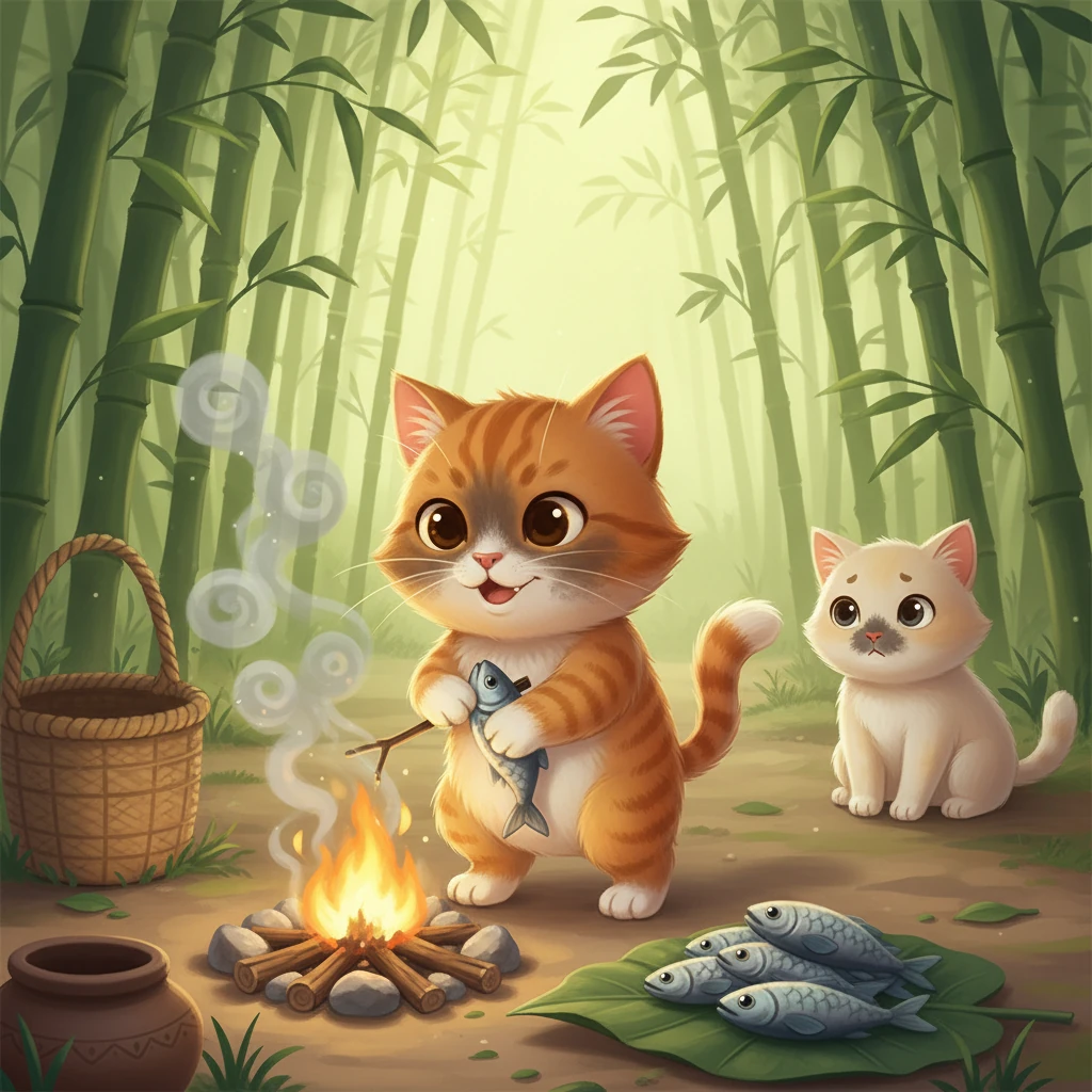 条条决定自己动手丰衣足食。她模仿着妈妈的样子,笨拙地捡起小鱼,还小心翼翼地生火。她的小脸被烟熏得黑乎乎的。