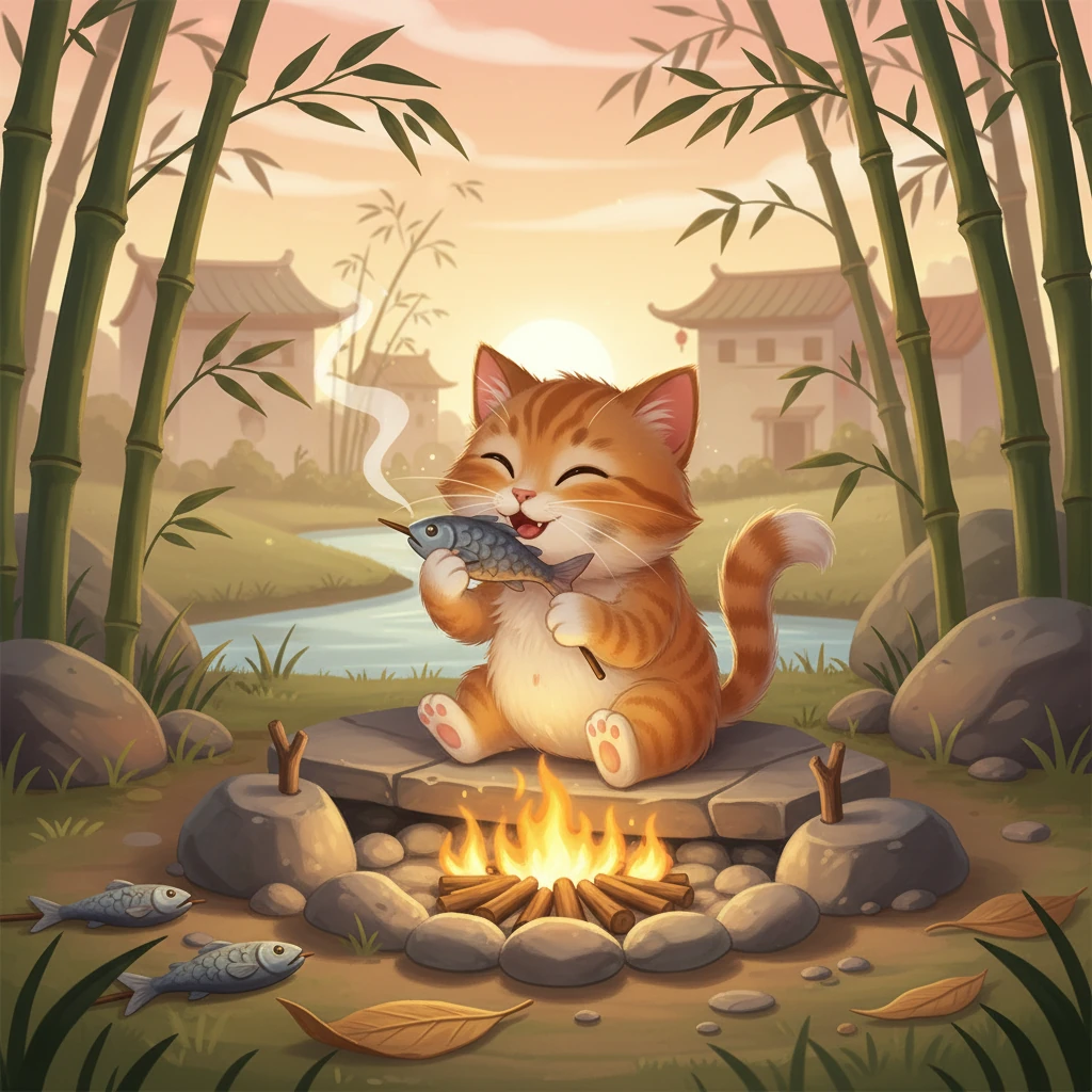 经过一番努力,条条终于烤好了一条小鱼。她小心地尝了一口,虽然有点焦,但她吃得津津有味。她感到无比的自豪。