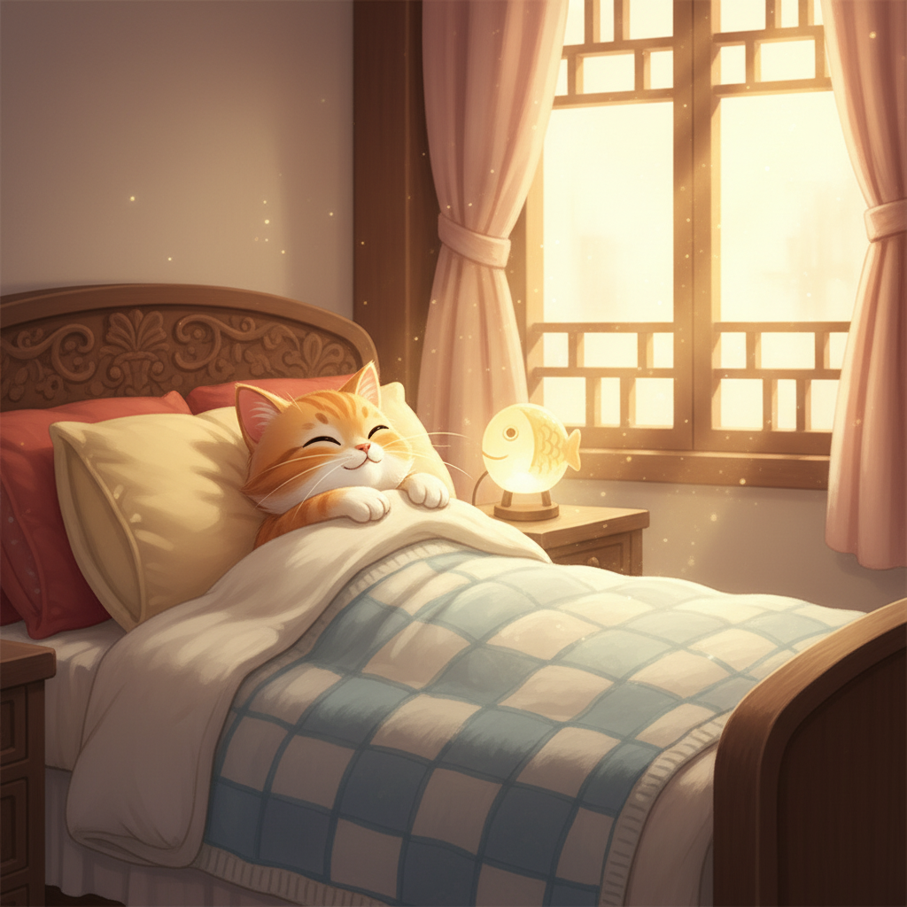 吃饱了的条条开心地回家了。她躺在温暖的被窝里,想着今天发生的一切。她知道,她学会了自己照顾自己,变成了一只更独立的小猫。