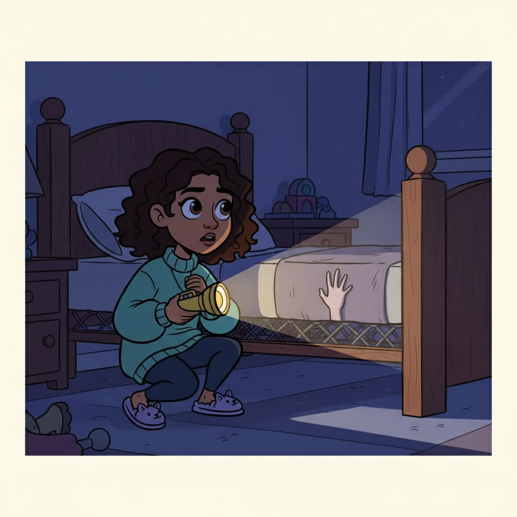 Gathering her courage, Mira grabbed her flashlight and slowly crouched beside the bed, shining the beam into the shadows. A small, pale hand was pressed against the underside of the mattress. A whisper, barely audible, escaped her lips, 'Who's there?'