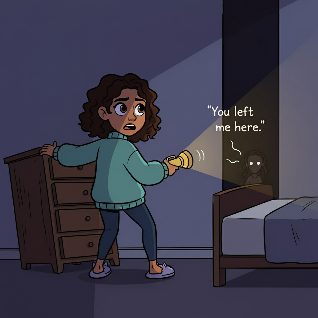 She scrambled backward, the light shaking in her hand as she stumbled, knocking against her dresser. Another text. The bed, she realized with a gasp, had been moved from the wall. Now there was just enough room… Then the lights flickered and died. A voice, small and frail, whispered from the darkness: 'You left me here.'