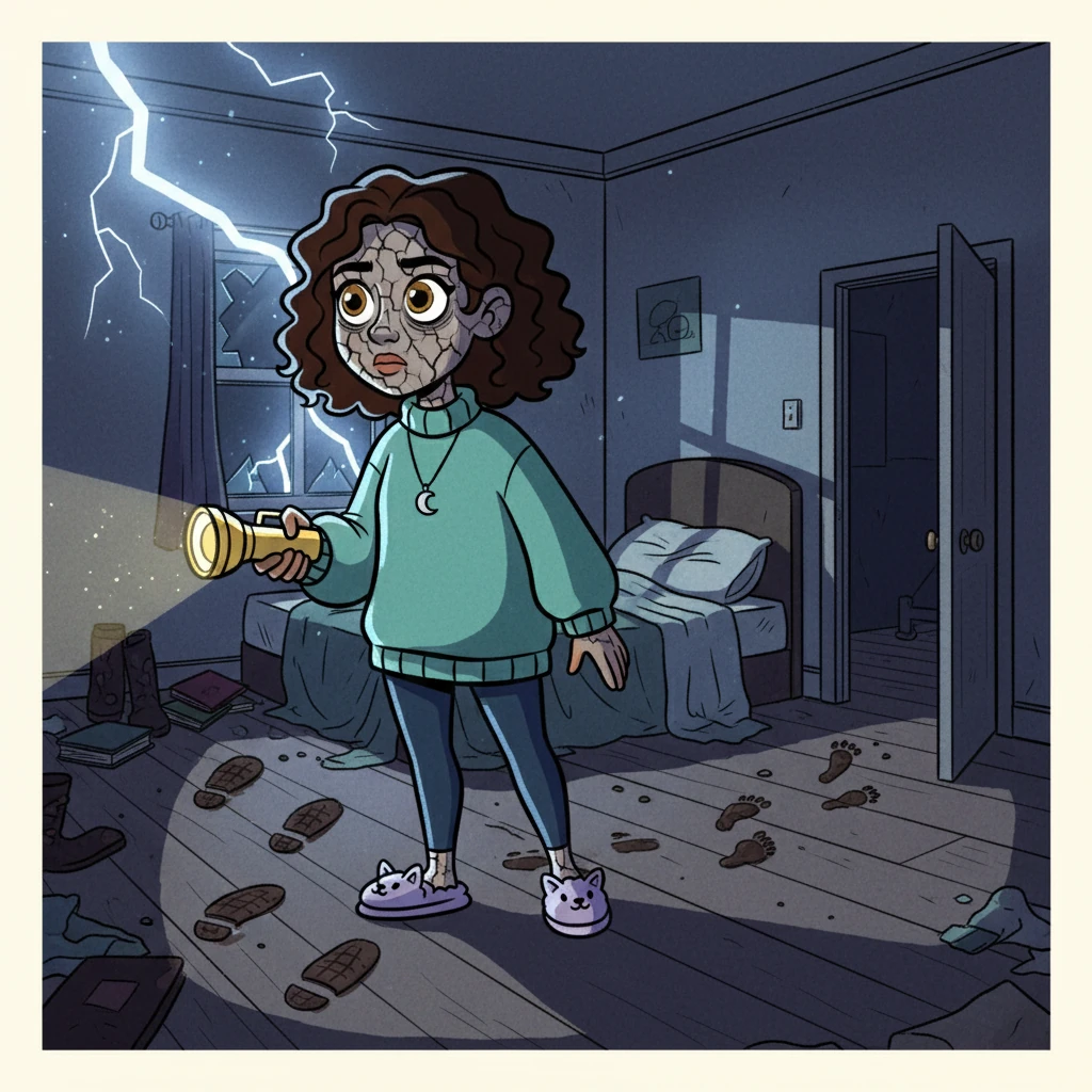 Lightning flashed, momentarily illuminating the room, revealing a girl with gray, cracked skin, staring with wide, glassy eyes. Before the next wave of darkness consumed the apartment, she saw the girl's head tilt and heard, 'I was cold. But now you’re warm.' The next morning, the police found the bed shoved against the wall and two sets of footprints, one entering… and one never leaving.