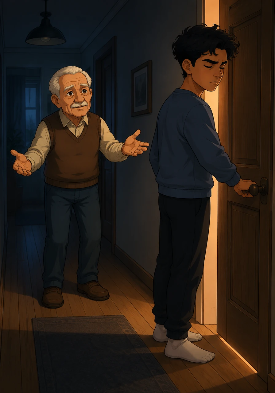 A memory flashes back to Tarek's teenage years, where a younger, energetic father stands with open arms, trying to offer advice. Tarek, consumed by youthful pride, turns away and shuts his bedroom door, leaving his father standing alone in the dimly lit hallway.