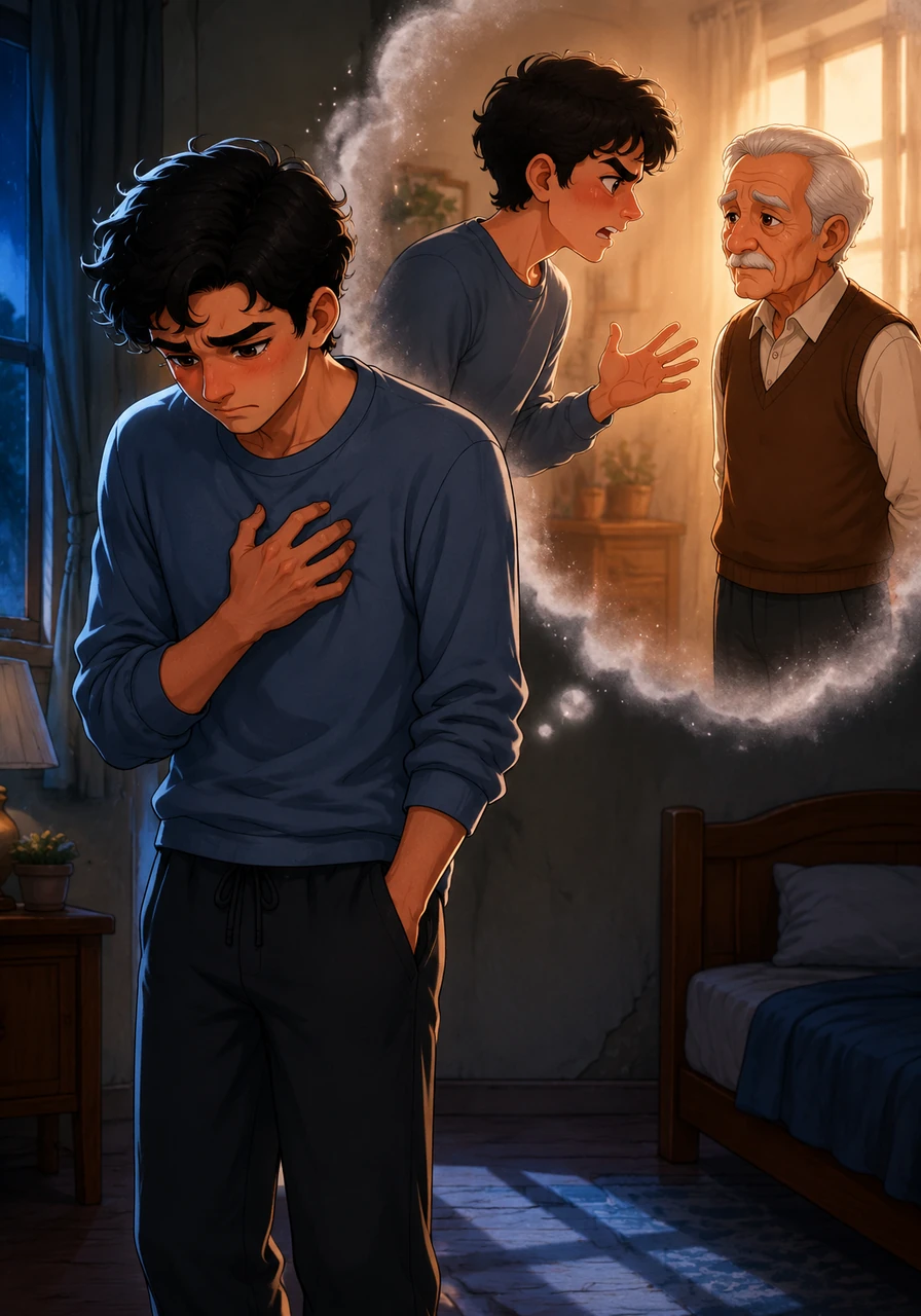 He recalls a recent heated argument where he used sharp words disguised as 'intellect and logic,' wounding his father's gentle heart. The memory of his father's silent, pained expression makes Tarek's chest tighten with deep, suffocating regret.