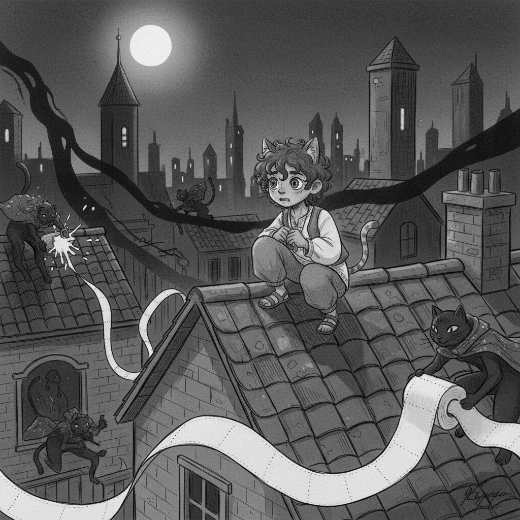 La ciudad humana se sumergía en sombras extrañas, mientras los Gatos Ninja sembraban el caos, tirando leche y desenrollando papel higiénico gigante por doquier. Desde un tejado, Niñogato observaba la destrucción, su pequeño cuerpo atigrado temblaba de miedo ante la magnitud del desorden. Las líneas gestuales capturan su terror silencioso, mientras las sombras profundas sugieren la creciente amenaza.