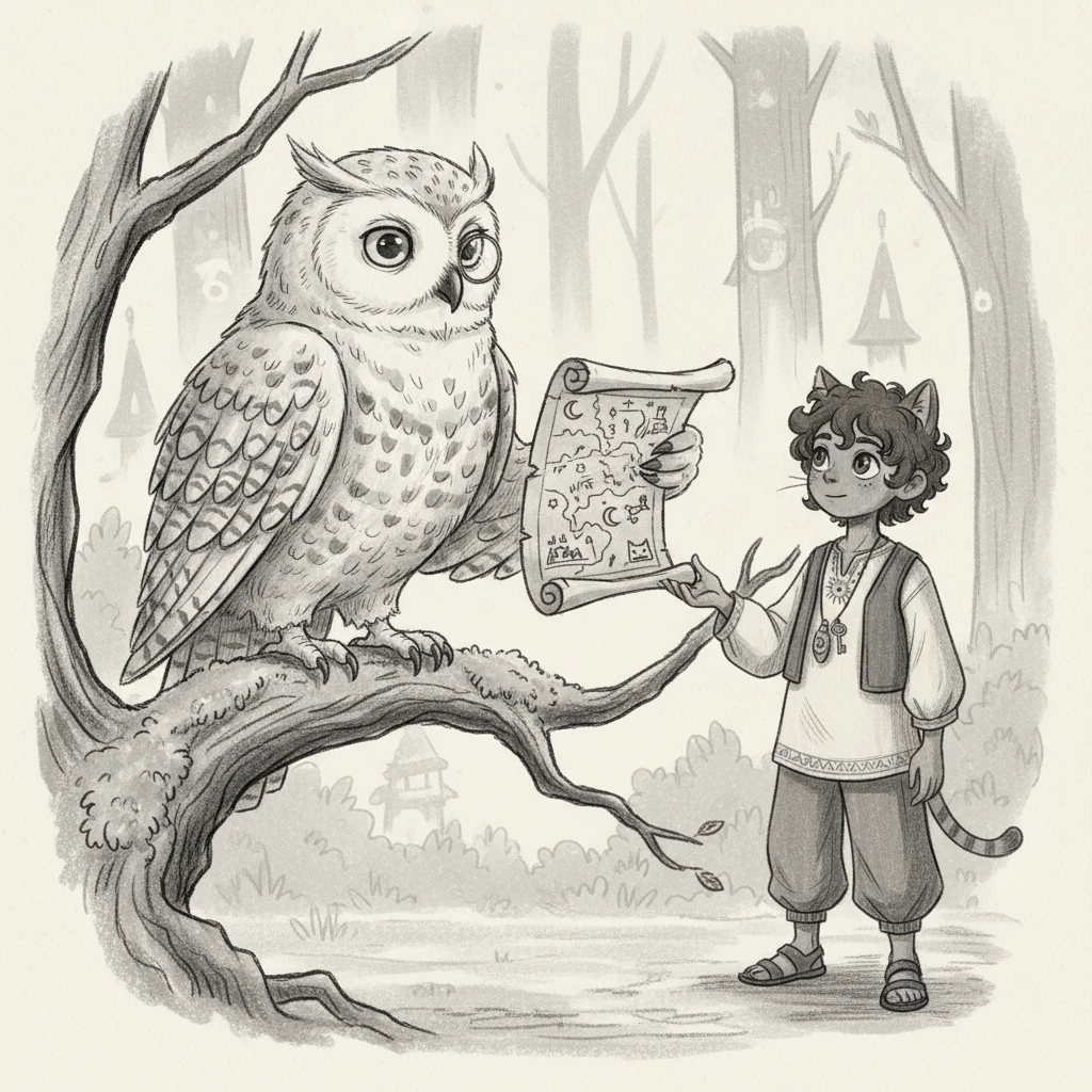 Un búho nival anciano, con un monóculo y plumas que parecían pergaminos antiguos, se posó frente a Niñogato. Con un gesto sabio, le entregó un mapa antiguo de la Academia Felina, susurrando: 'La fuerza de las garras se rompe, pero la fuerza de la mente es eterna'. El detalle preciso de las plumas y el mapa contrasta con la suave expresión de Niñogato.