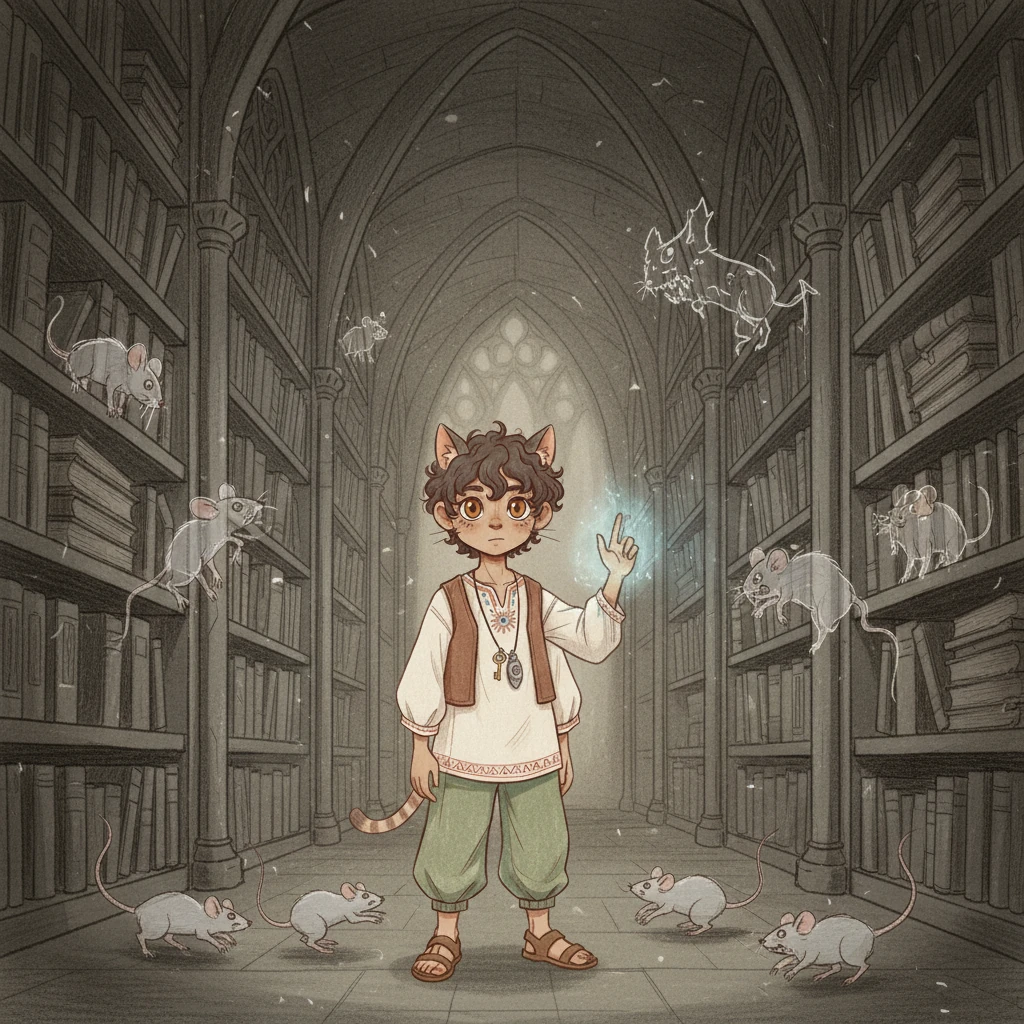 Niñogato se aventuró en la biblioteca, donde la oscuridad daba vida a sombras monstruosas que danzaban en las paredes. El acertijo resonaba en su mente: '¿Qué es real y qué es solo una sombra?'. Al activar el Ojo de la Verdad, las figuras amenazantes se revelaron como simples ratones, dibujados con líneas más ligeras, despojados de su terror inicial.
