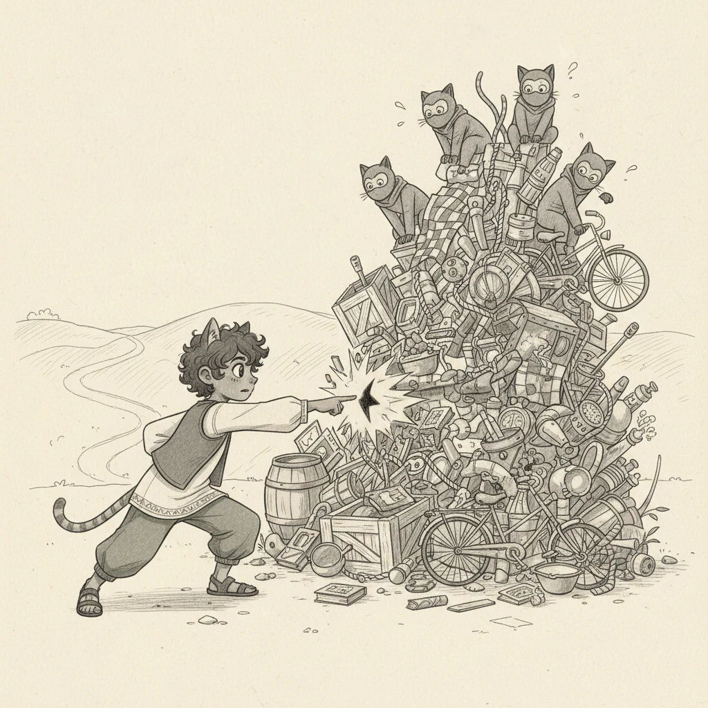 Un grupo de Gatos Ninja había erigido una barricada compleja, bloqueando el camino con un intrincado laberinto de objetos. Niñogato, con una nueva determinación, aplicó la Lógica Aristotélica para analizar la estructura. Con un golpe preciso en un único punto estructural, toda la barricada se desmoronó, ilustrando la elegancia de la simplicidad sobre el caos.
